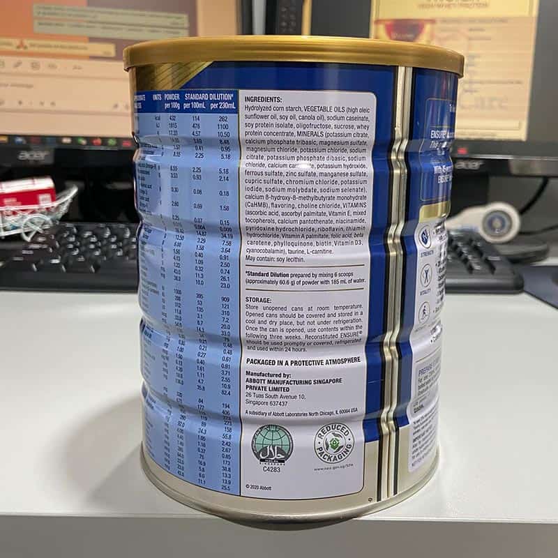 Ensure Life HMB 850g side view of tin can- ingredients