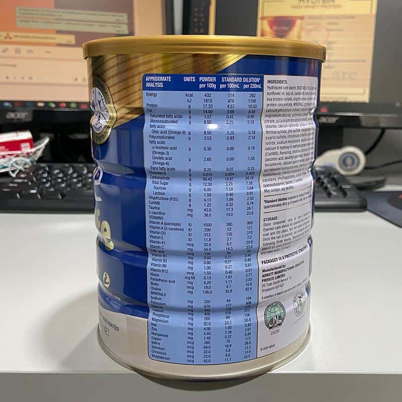 Ensure Life HMB 850g side view of tin can- nutrition analysis