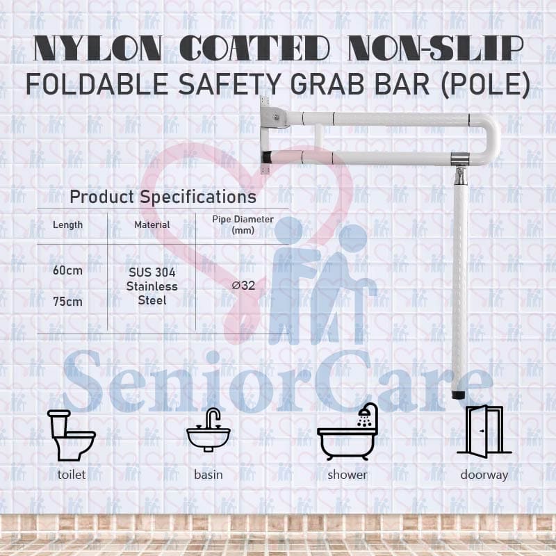 Nylon Coated Upfolding Grab Bar Grabber Foldable Folding with Pole - Measurement