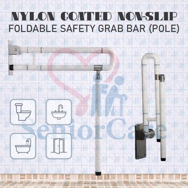 Nylon Coated Stainless Steel Grab Bar with Pole Upfolding Foldable Safety Handle Support Bathroom Toilet