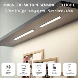Magnetic Motion Detector Sensor LED Light Stripe 3 Tones Day Warm White Light Dimmable - Best for Closet Wardrobe Study Table Bedside Lamp