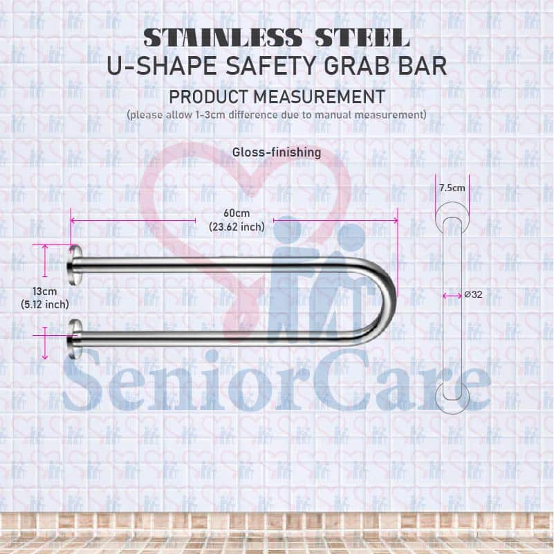 Stainless Stell U-Shape Safety Grab Bar Measurement