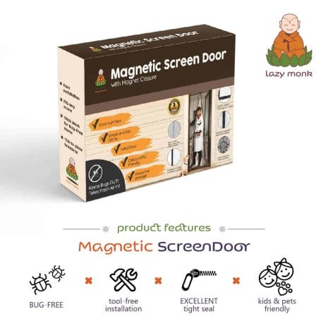 MSD-ProductFeatures Lazy Monk Magnetic Screen Door 91x203cm with strong magnets, breathable mesh, and windproof design. Keeps insects out, allows fresh air in. Easy installation, pet and child-friendly.