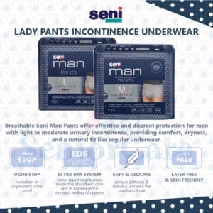 Seni Man Pants absorbent underwear for men, providing discreet, comfortable protection for light to moderate incontinence. Breathable underpad, odor-controlling briefs with tear-away sides and masculine fit for everyday confidence Product Anatomy Why Choose Us
