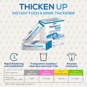Nestlé ThickenUp Clear food drink thickener for dysphagia, IDDSI certified, safe swallowing, xanthan gum-based, gluten-free travel size sachets Instruction How to Consume