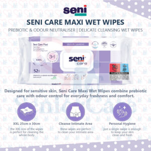 Seni Care Maxi XXL wet wipes with prebiotics for sensitive skin, odour neutraliser, incontinence hygiene cleansing wipes 25cm x 30cm extra large adult elderly care wet wipes balanced PH delicate cleansing Dermatologically Tested Recommended