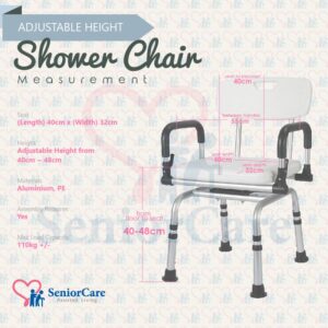 Premium Quality Stable Durable Adjustable Height Swivel Shower Chair 360 Degree Rotation Product Measurement