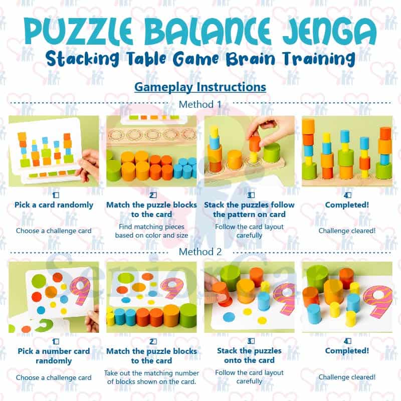 A fun stacking puzzle game that builds thinking, focus, and hand-eye coordination perfect for all ages, from kids to seniors! - How to Play Playing Methods instructions