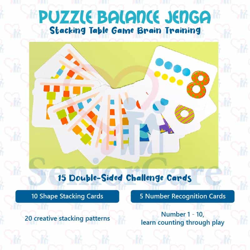 A fun stacking puzzle game that builds thinking, focus, and hand-eye coordination perfect for all ages, from kids to seniors! - Double sided printed challenge card fun family table game for all age